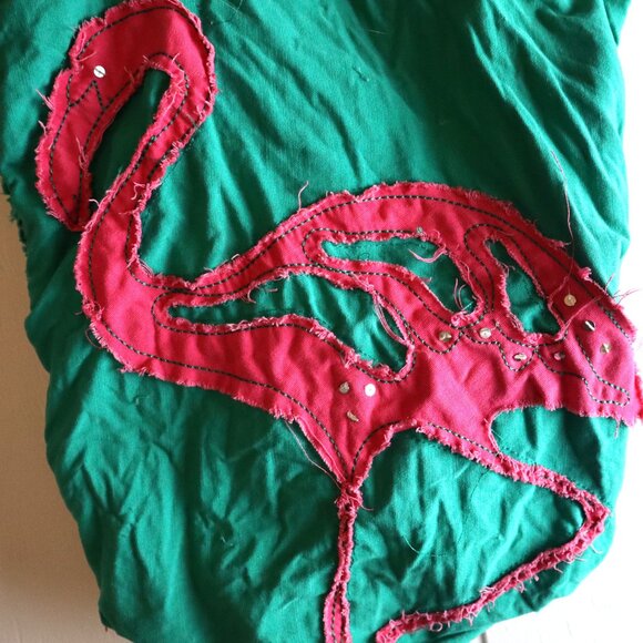 Vintage Old Navy Flamingo Beach Tote Bag Raw Edge Applique Hot Pink Green - Picture 2 of 5